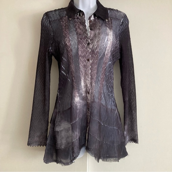 Komarov Beautiful Unique Abstract Sheer Button Down Long Sleeve Blouse, Sz M - Picture 3 of 16